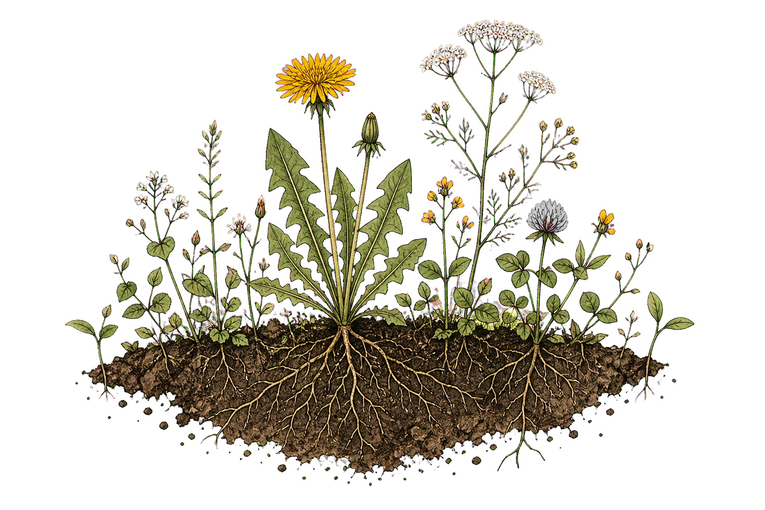 A botanical field-note illustration of plants and roots growing from a soil cross-section.
